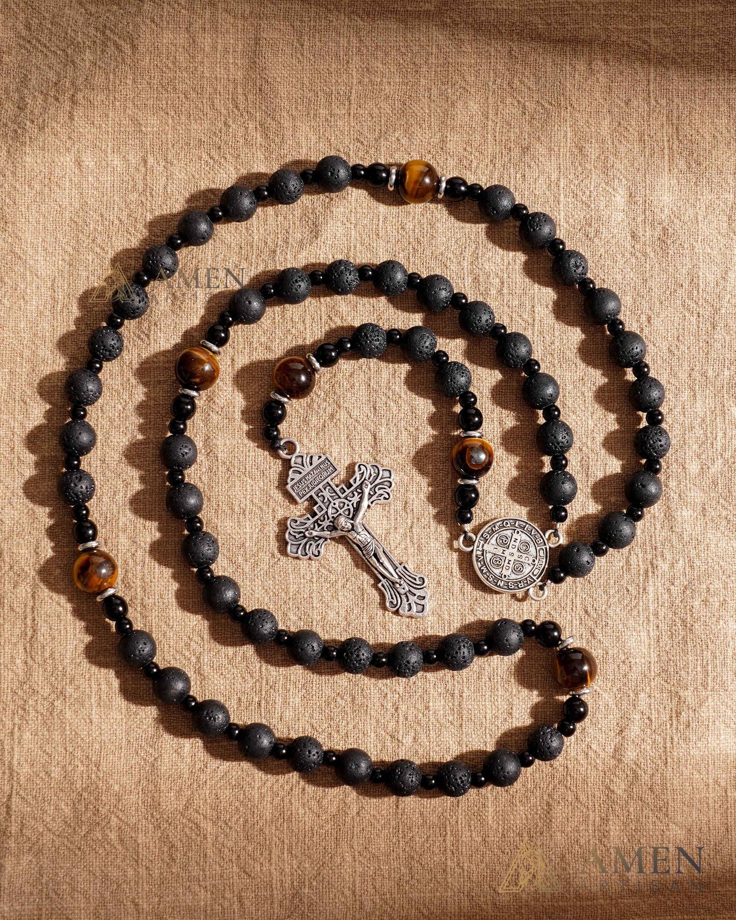 Natural Lava Stone & Tiger’s Eye Prayer Beads with Vintage-Style Crucifix |  Amen Artisan
