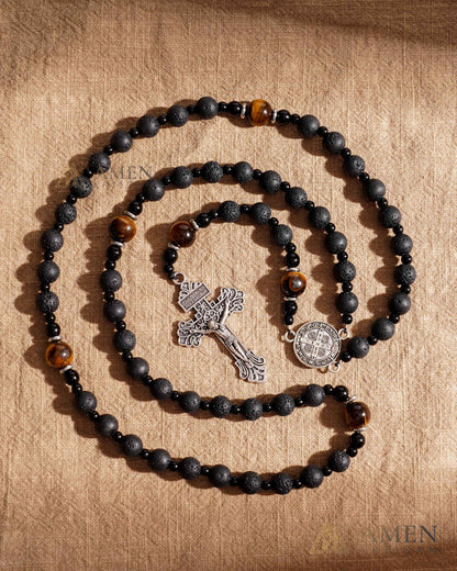 Natural Lava Stone & Tiger’s Eye Prayer Beads with Vintage-Style Crucifix |  Amen Artisan