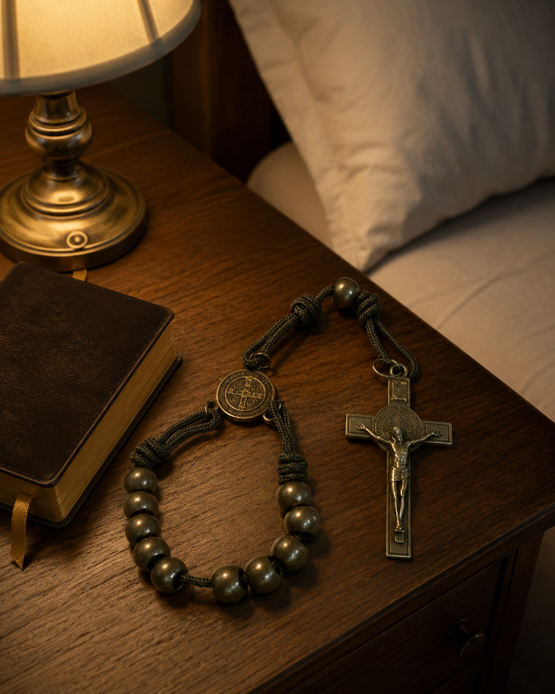 Bronze Beads Olive Green Saint Benedict Medal Pocket Rosary Amen Artisan