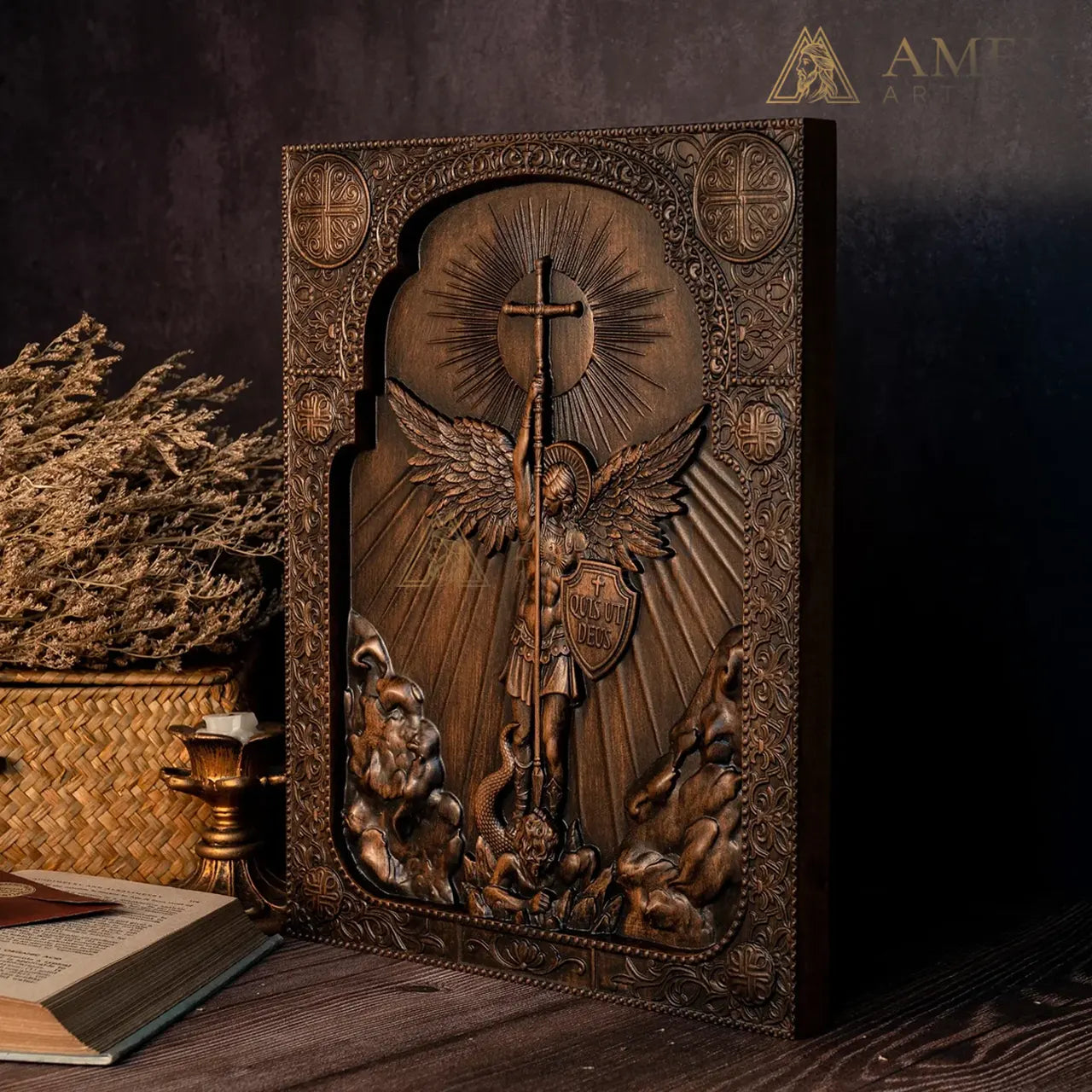 St Michael Wood Carving Amen Artisan