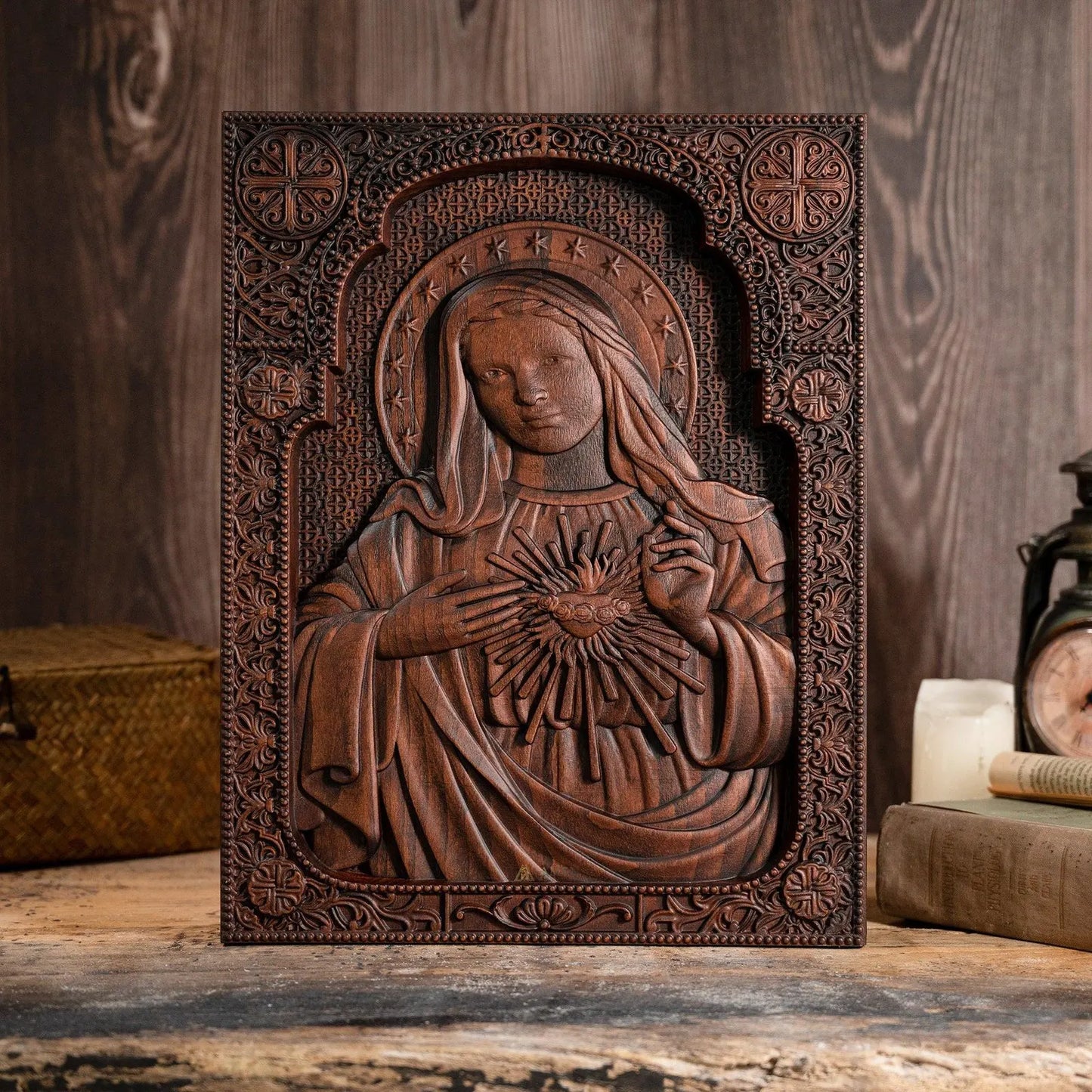 Immaculate Heart of Mary Wood Carving Amen Artisan