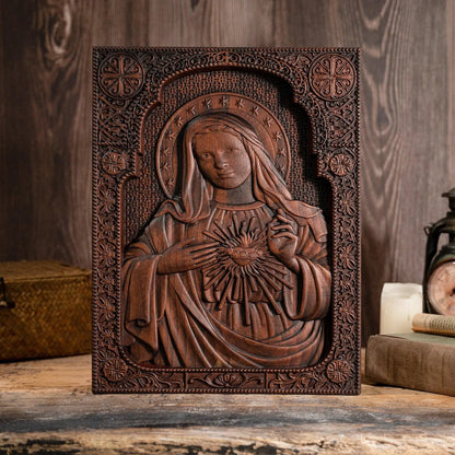 Immaculate Heart of Mary Wood Carving Amen Artisan