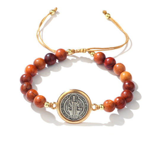 Wooden Beads Saint Benedict Medal Adjustable Bracelet Amen Artisan