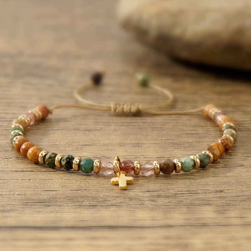 Boho Natural Stone Cross Bracelet with Adjustable Cord — Faith
