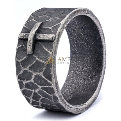 Hammered Cross Titanium Steel Ring Amen Artisan