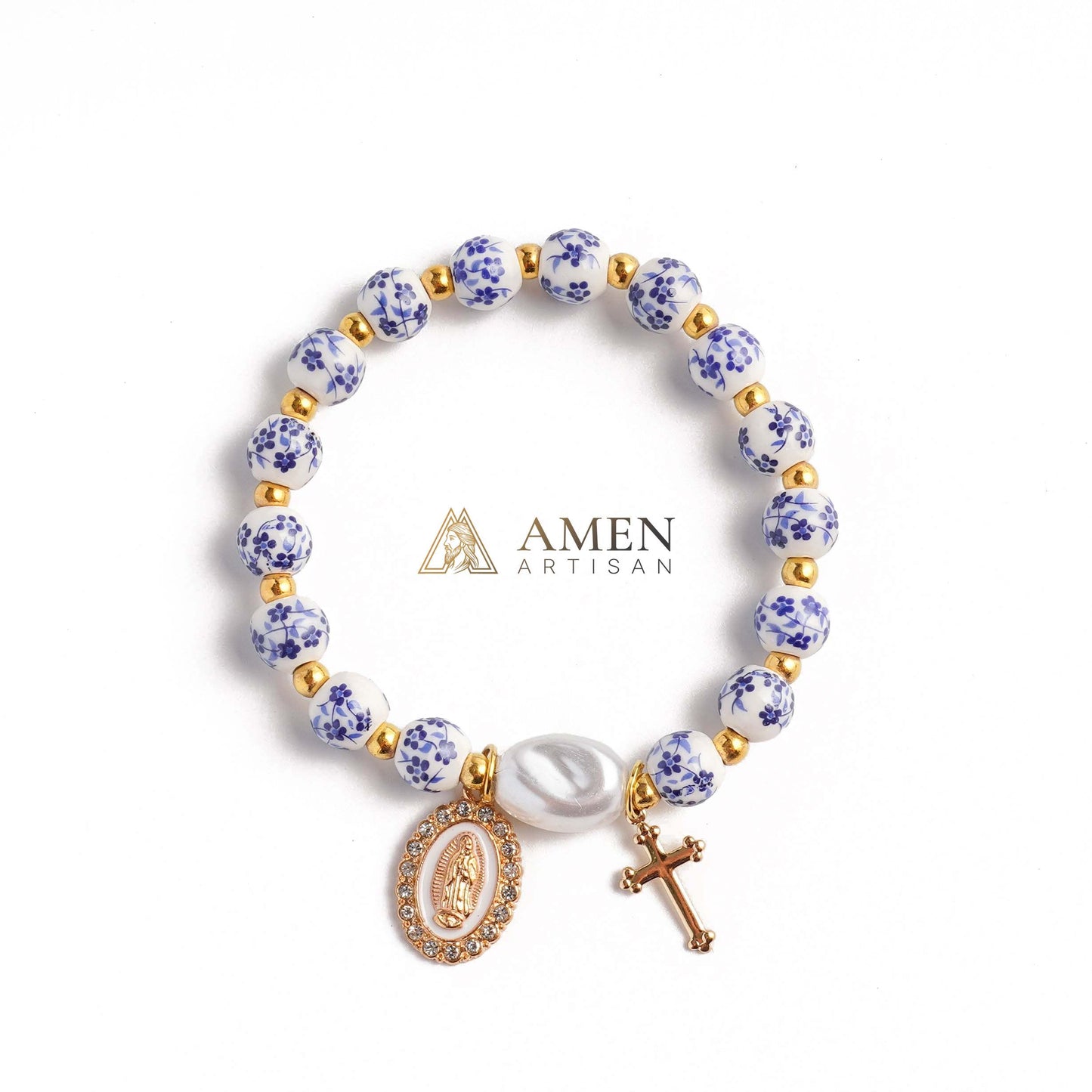 Blue and White Pottery Beads & Baroque Pearl Elastic Cord Cross Bracelet Amen Artisan