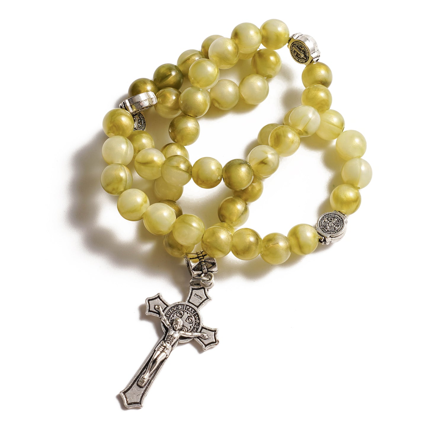 Olive Green Bead Stretch Rosary Bracelet with Cross Charm - Renewal, Comfort & Blessing |  Amen Artisan