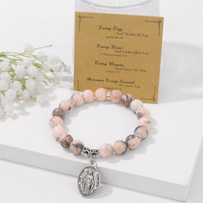 Pink and White Zebra Stone Miraculous Medal Stretch Bracelet