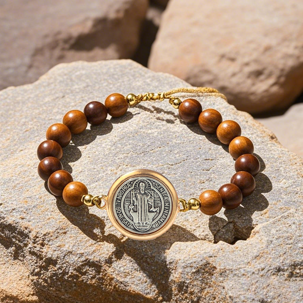 Wooden Beads Saint Benedict Medal Adjustable Bracelet Amen Artisan