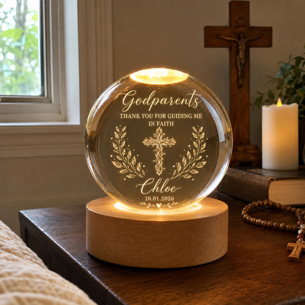 【Deal Today】Personalized Godparents Crystal Night Light with Cross, Name, and Date — Faith Keepsake
