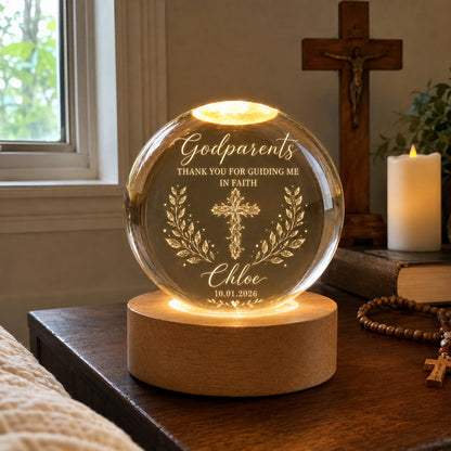 【Deal Today】Personalized Godparents Crystal Night Light with Cross, Name, and Date — Faith Keepsake