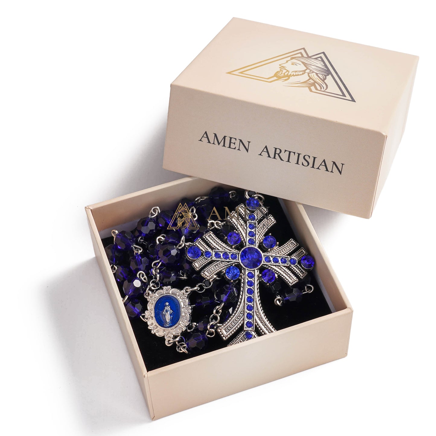 Royal Cobalt Blue Faceted Rosary – Jewel-Encrusted Art Deco Crucifix with Miraculous Medal – Sacred Devotional Prayer Beads