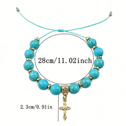 【DEAL TODAY】Adjustable Turquoise-Style Beaded Cross Bracelet