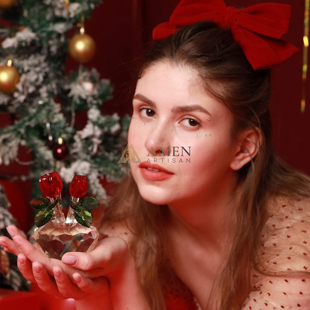 Crystal Red Rose Flower Basket Figurine Amen Artisan
