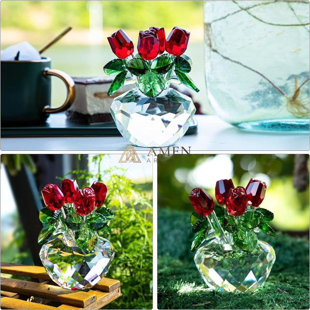 Crystal Red Rose Flower Basket Figurine Amen Artisan