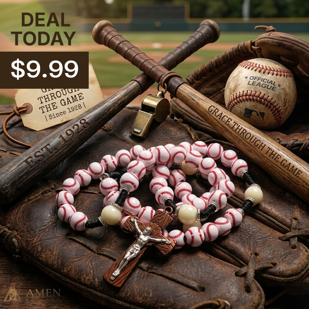 "Home Run" Baseball Rosary – Hand-Stitched Style Beads with Wood-Grain Bat Crucifix – Durable Catholic Gift for Athletes & Baseball Fans