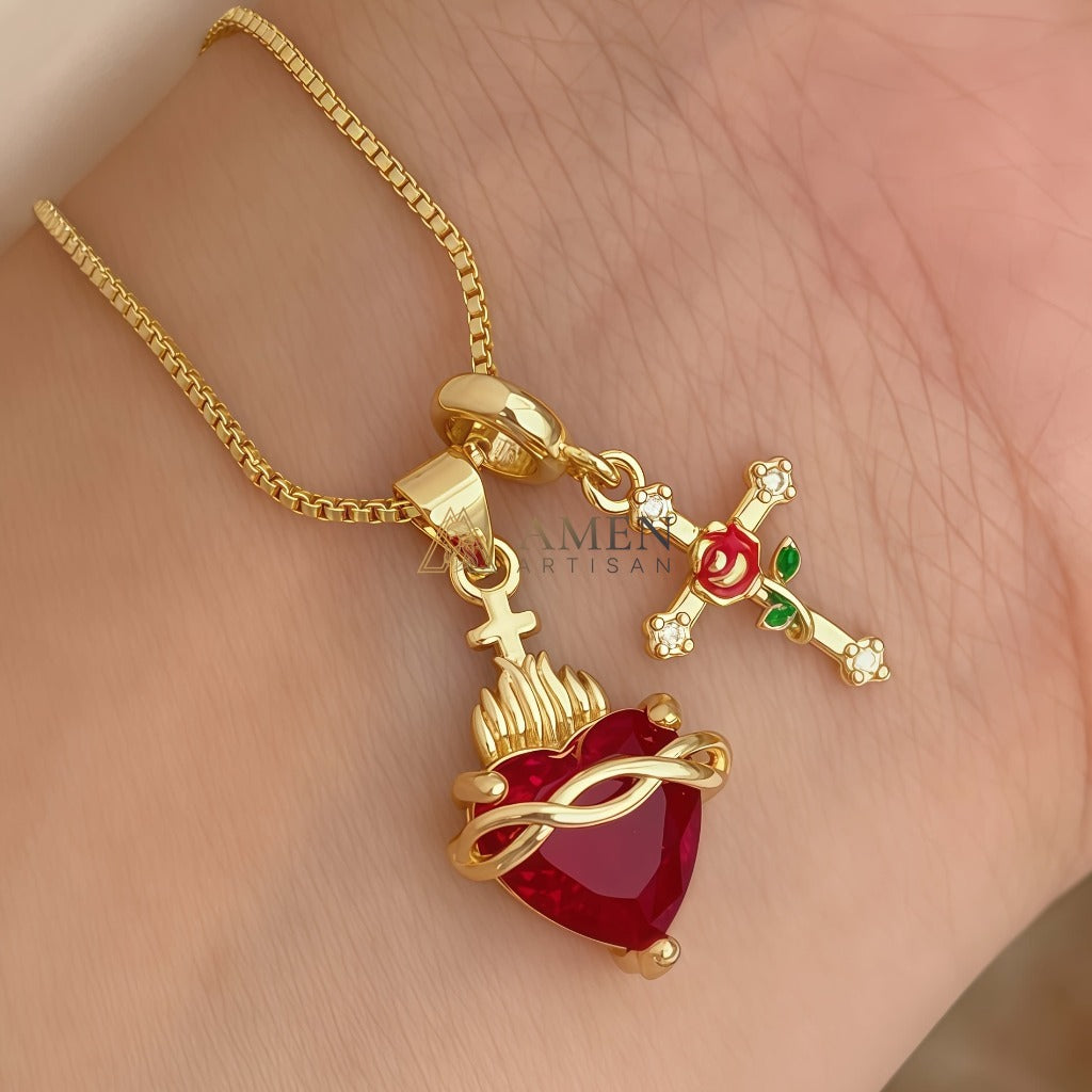 Zircon Sacred Heart & Rose Cross Double Pendant Necklace Amen Artisan