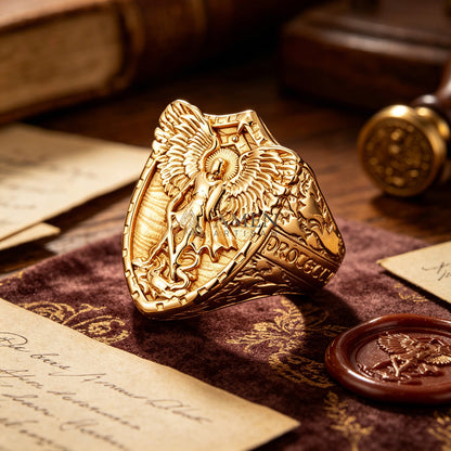 Shield Ring with Guardian Angel Relief - Protection, Courage & Faith |  Amen Artisan