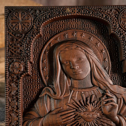 Immaculate Heart of Mary Wood Carving Amen Artisan