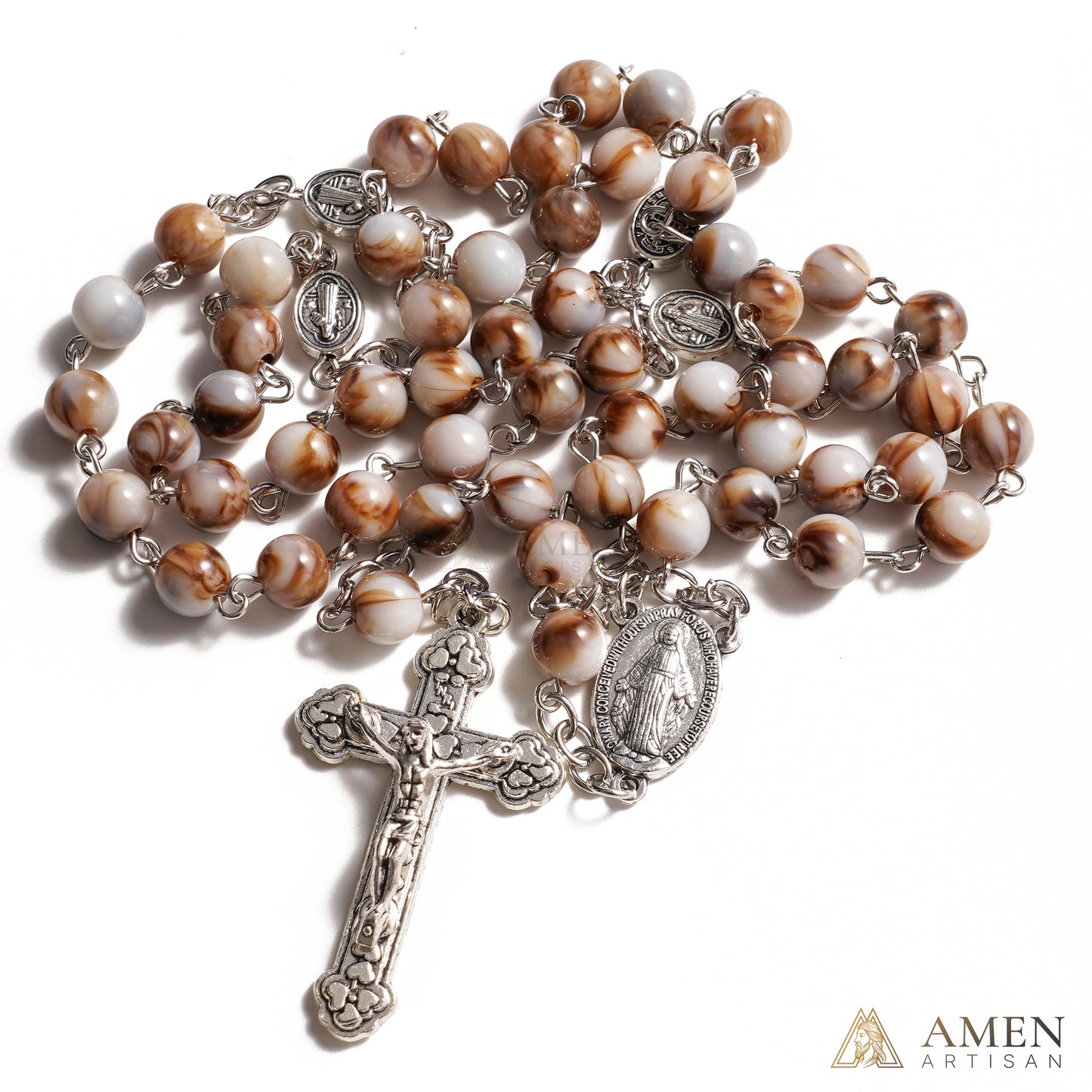 【Deal Today】Vintage Earth Tone Marble Catholic Rosary – Prayer Beads with Crucifix & Marian Medal