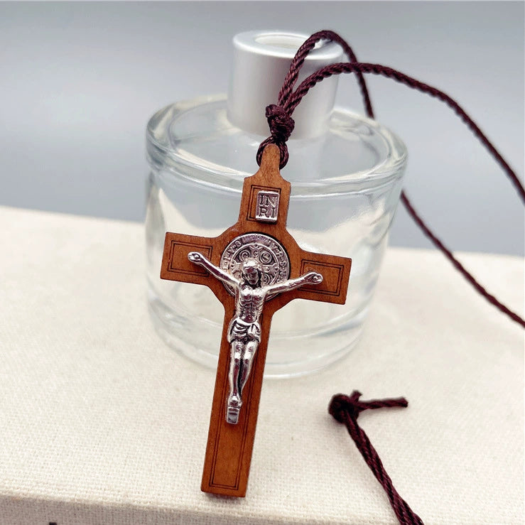 Wood Inlaid Metal Crucifix Cross Necklace Amen Artisan