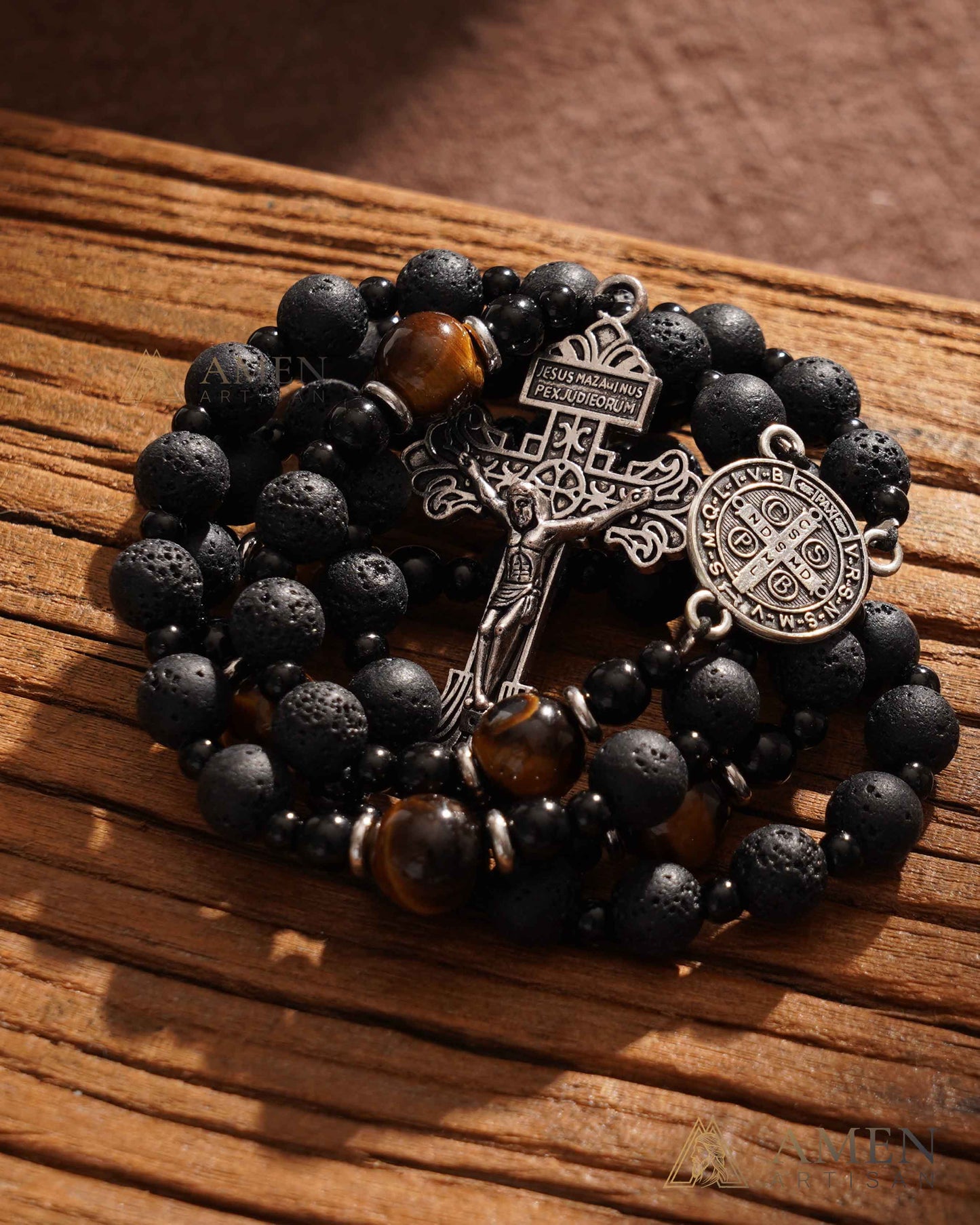 Natural Lava Stone & Tiger’s Eye Prayer Beads with Vintage-Style Crucifix |  Amen Artisan