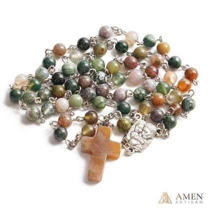 Indian Agate Holy Family Medal Rosary Amen Artisan
