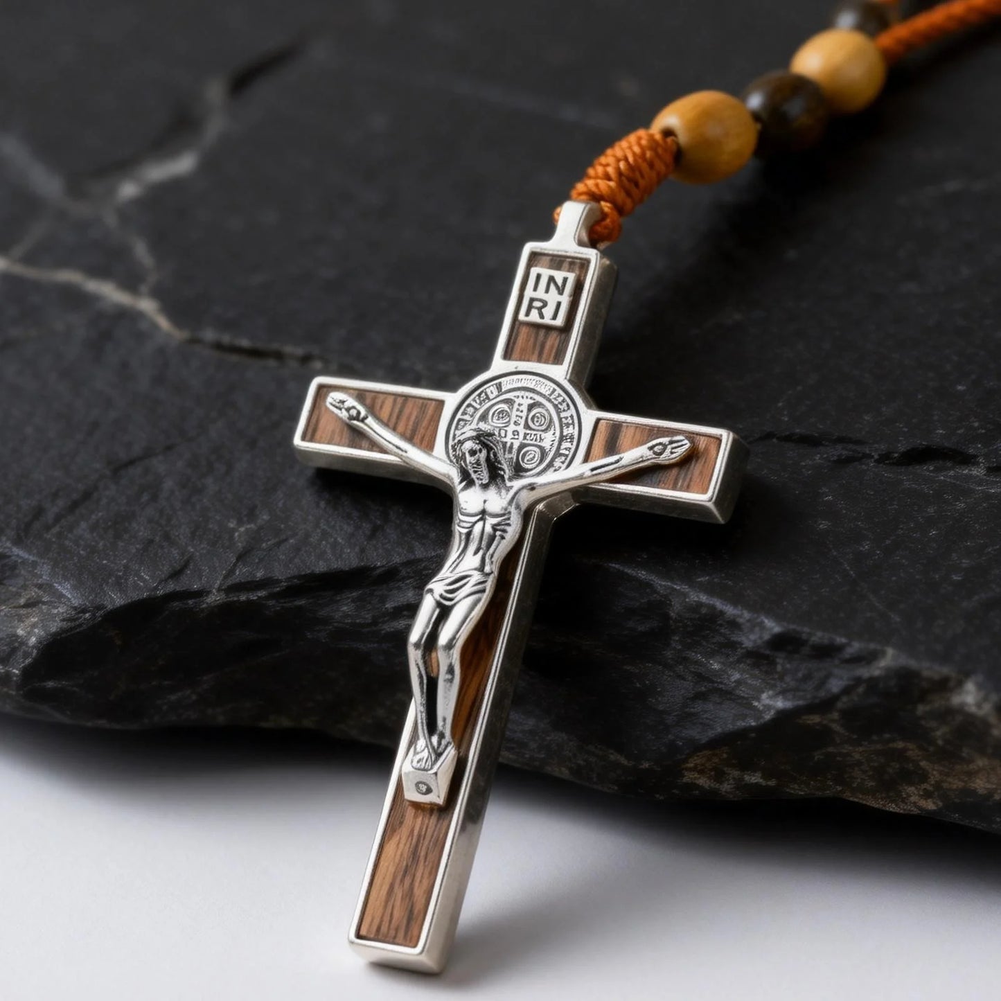 Woven Cord Wooden Rosary with St. Benedict Medal Cross - Sacred Blessing | Amen Artisan