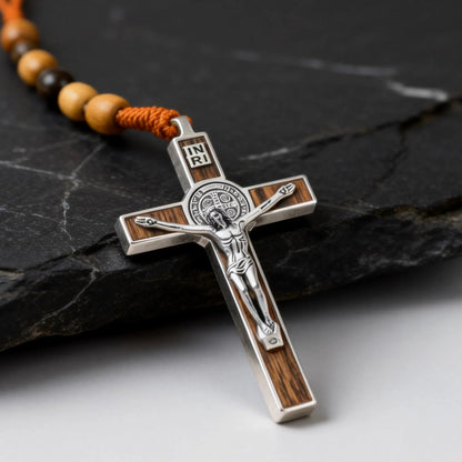 Woven Cord Wooden Rosary with St. Benedict Medal Cross - Sacred Blessing | Amen Artisan