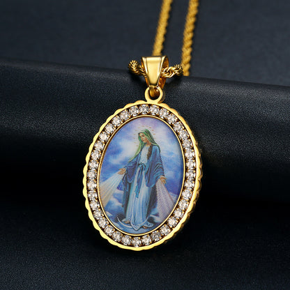 Holy Mother Photo Memorial Titanium Steel Zircon Necklace Amen Artisan