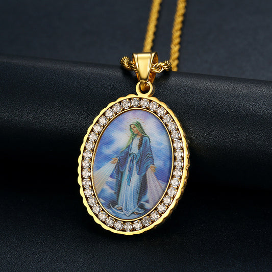 Holy Mother Photo Memorial Titanium Steel Zircon Necklace Amen Artisan