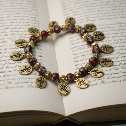 【Deal Today】Cloisonné Beads Saint Medal Stretch Bracelet Amen Artisan