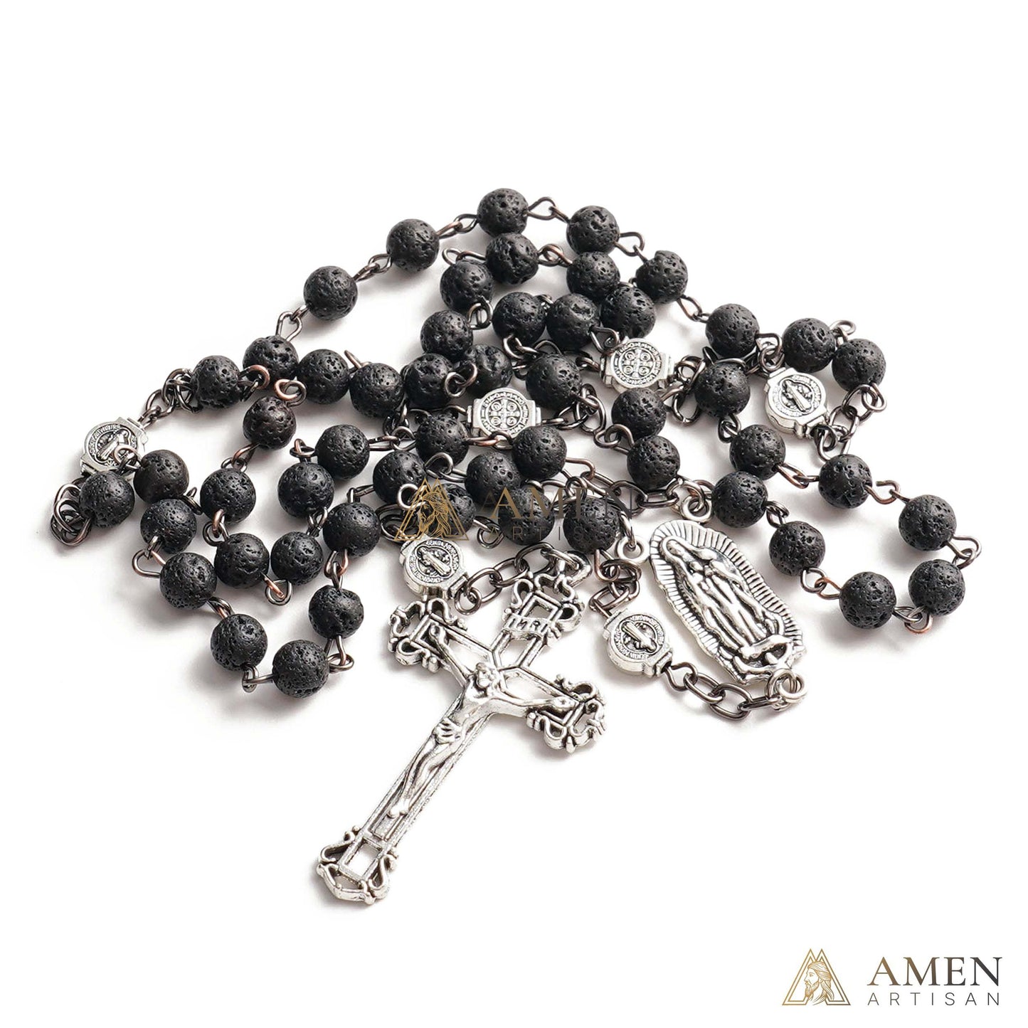 Lava Stone Our Lady of Guadalupe Medal Rosary Amen Artisan