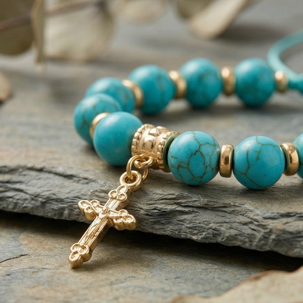 【DEAL TODAY】Adjustable Turquoise-Style Beaded Cross Bracelet
