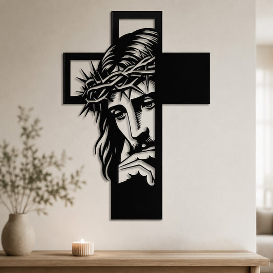 Jesus Portrait Metal Cross Wall Art with Crown of Thorns