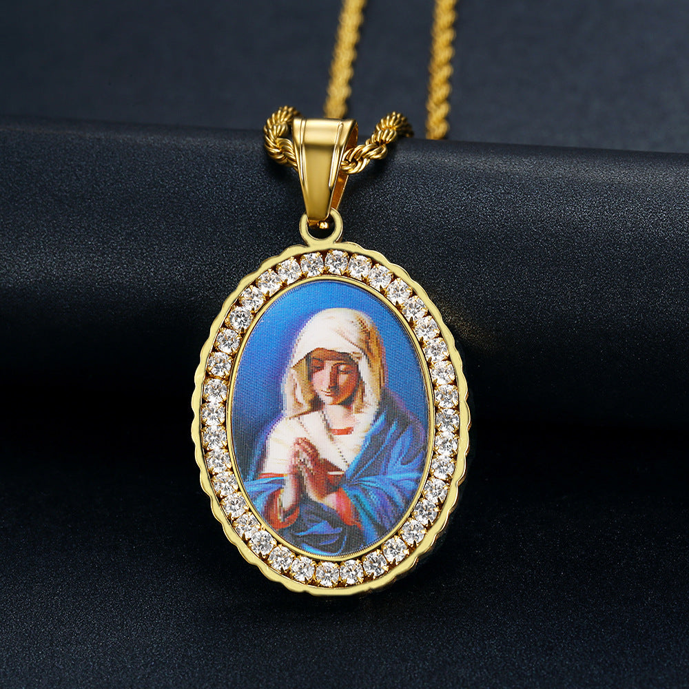 Holy Mother Photo Memorial Titanium Steel Zircon Necklace Amen Artisan