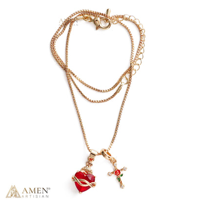 Zircon Sacred Heart & Rose Cross Double Pendant Necklace Amen Artisan