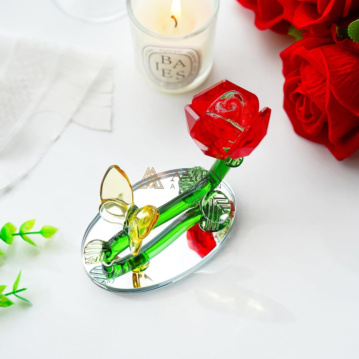 Crystal Red Rose and Yellow Butterfly Figurine Amen Artisan