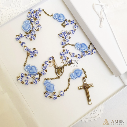 Delft Blue Beads Sacred Heart Rosary - Blue and White Cherry Blossom Beads Vintage Bronze Style Ceramic Rosary -Amen Artisan