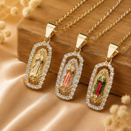 Our Lady Medal Necklace with Rhinestone Frame — Grace