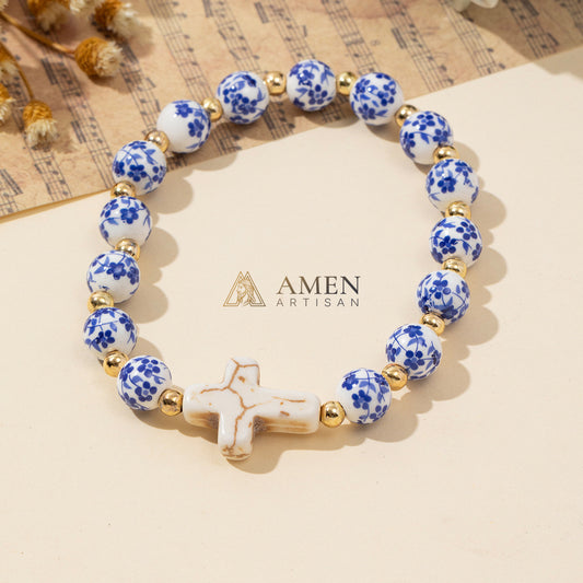 Floral Ceramic White Turquoise Cross Stretch Bracelet Amen Artisan