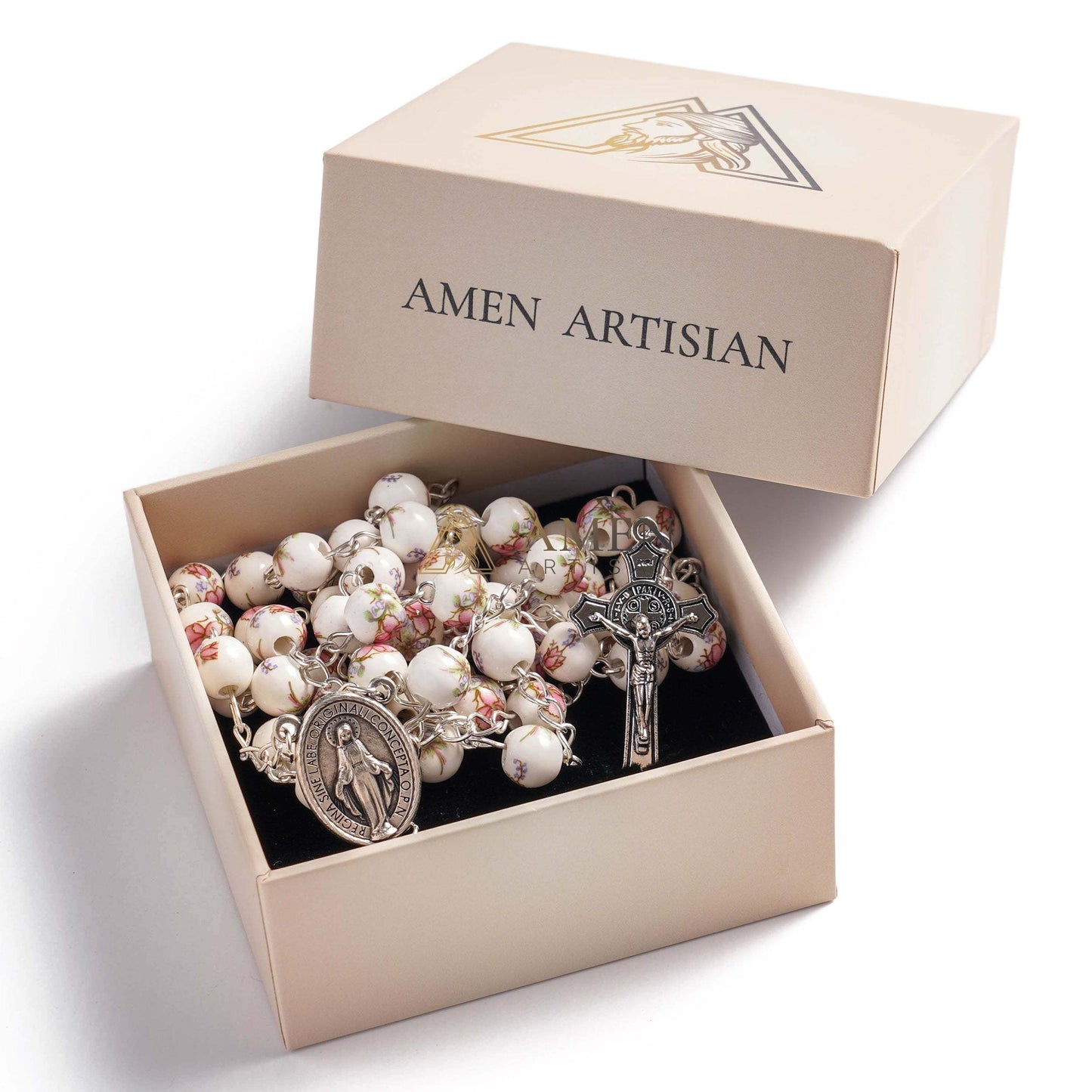 Pink Peony Ceramic Rosary Amen Artisan