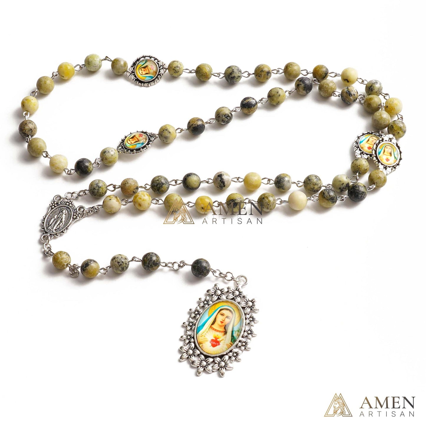 Yellow Turquoise Immaculate Heart of Mary Rosary Amen Artisan