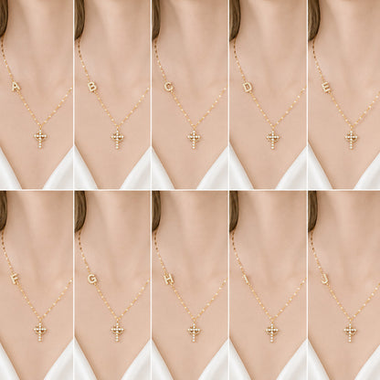 Sparkling Zircon Cross Necklace with A-Z Initial Charm