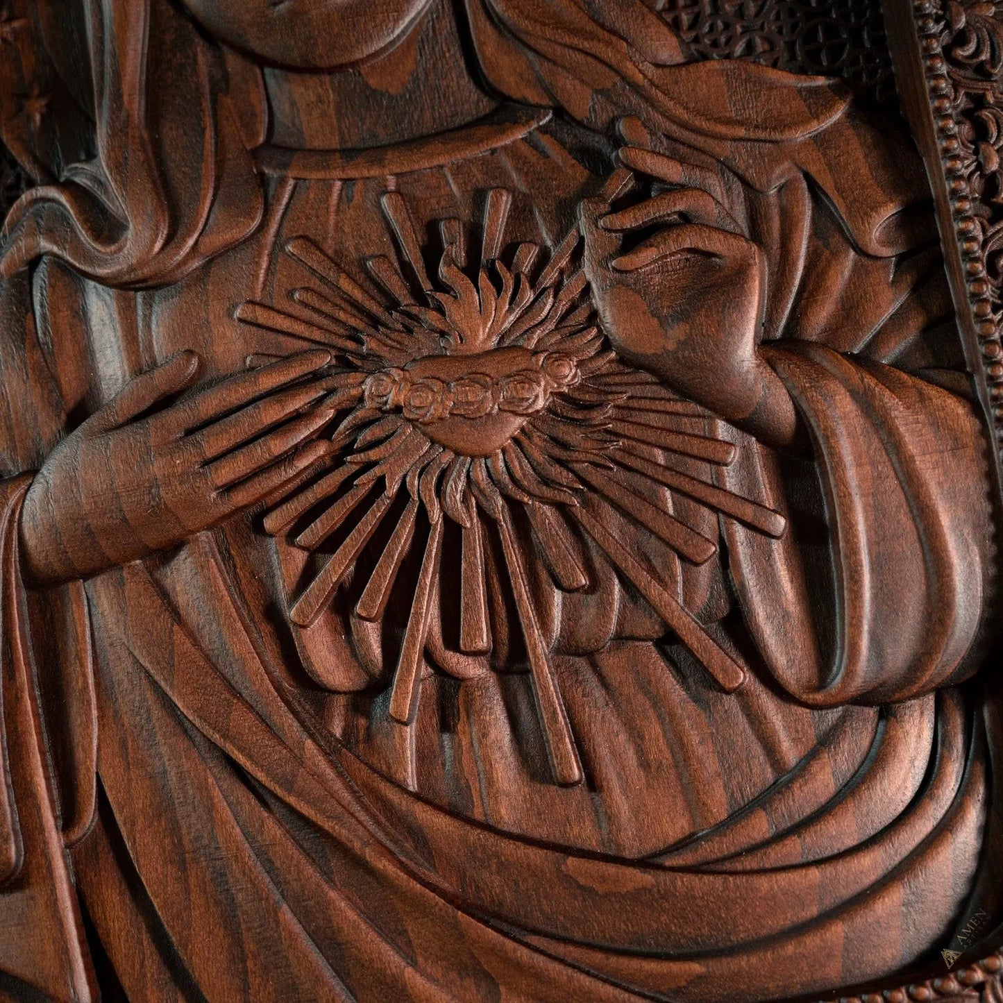 Immaculate Heart of Mary Wood Carving Amen Artisan