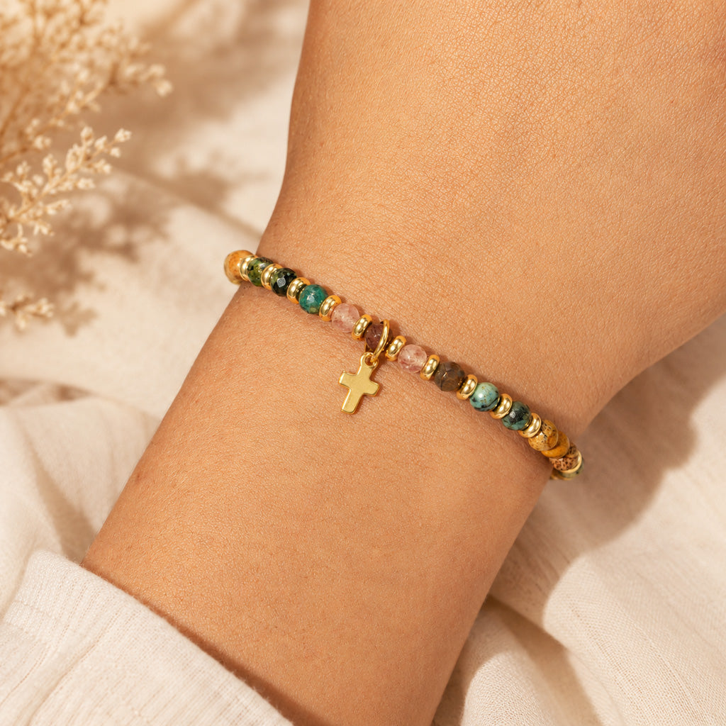 Boho Natural Stone Cross Bracelet with Adjustable Cord — Faith