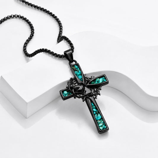 Crown of Thorns Cross Necklace with Natural Turquoise Inlay | Amen Artisan