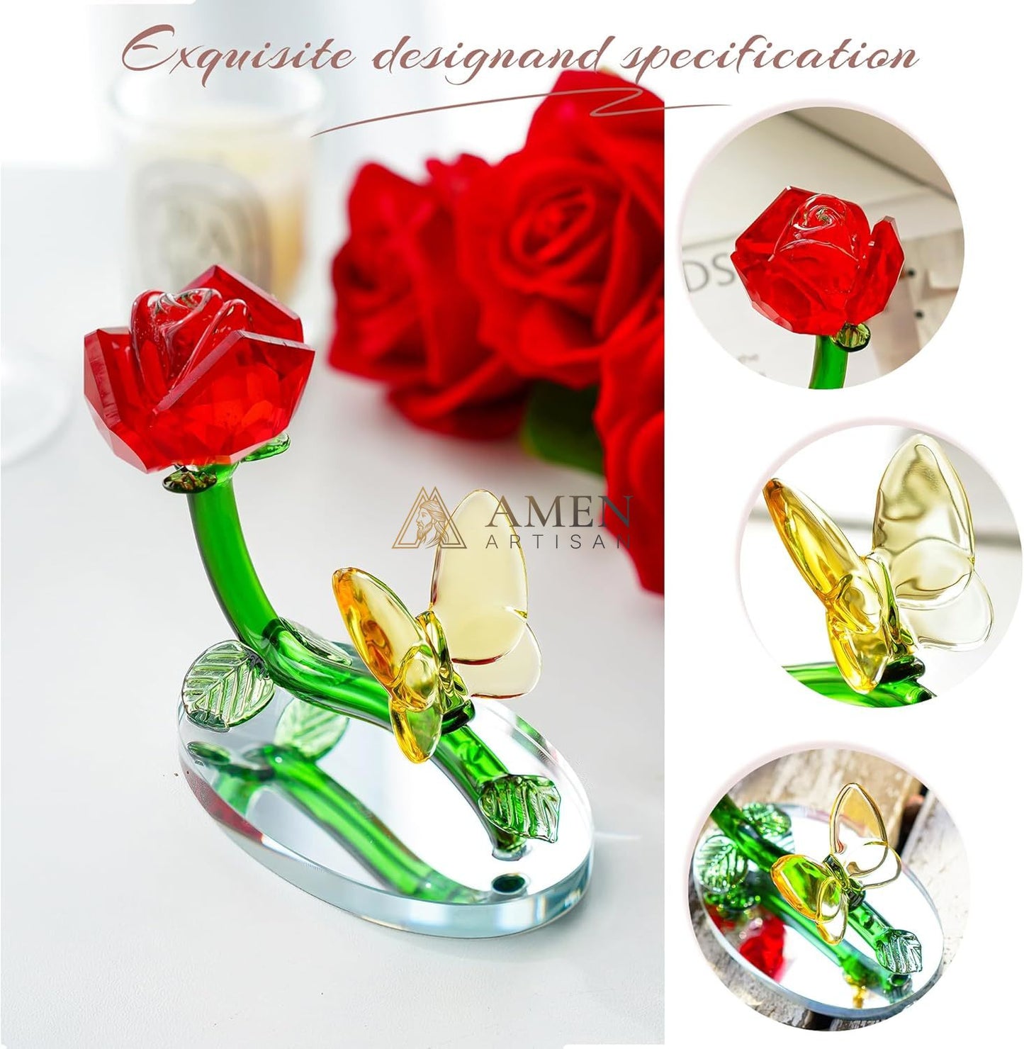 Crystal Red Rose and Yellow Butterfly Figurine Amen Artisan