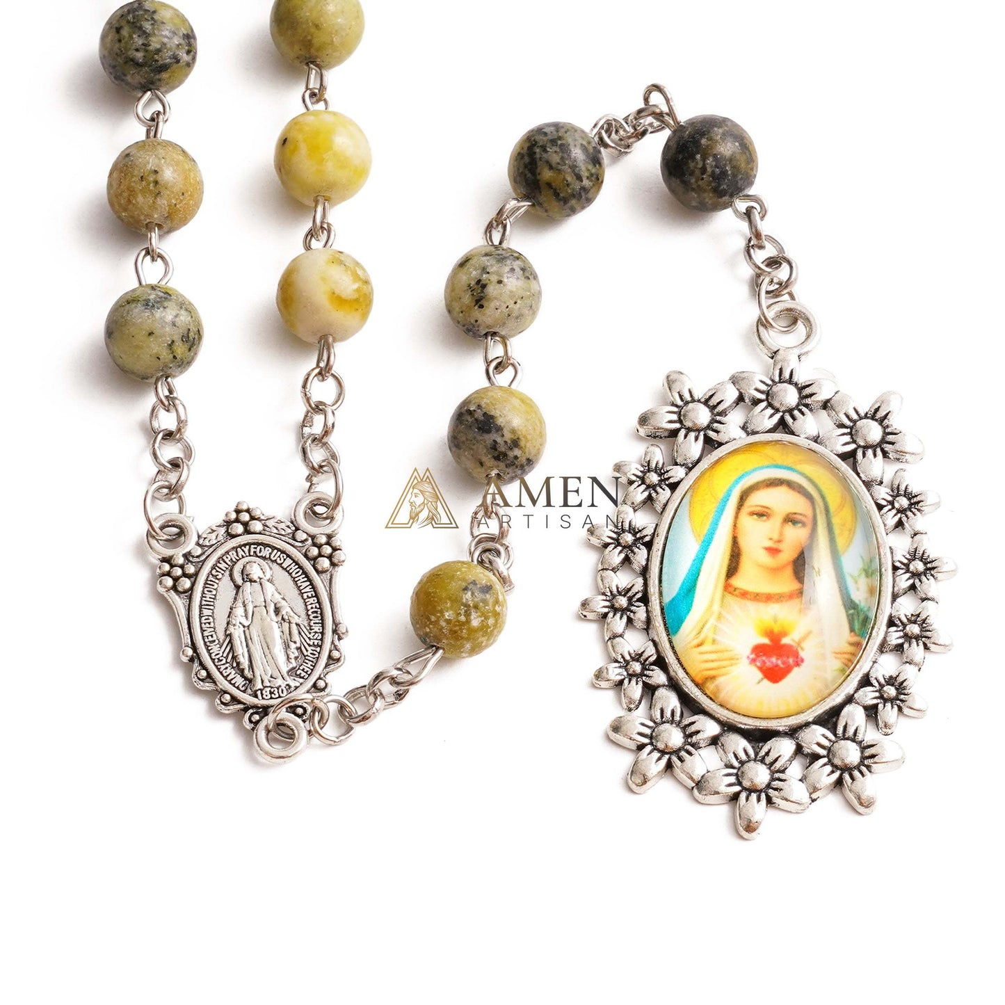 Yellow Turquoise Immaculate Heart of Mary Rosary Amen Artisan