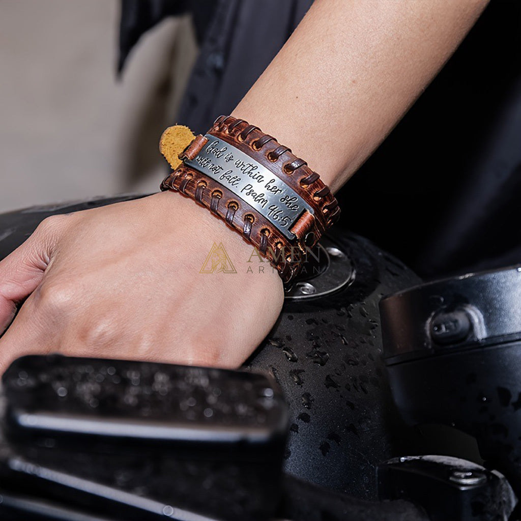 Handwoven Leather Bible Verse Bracelet - Strength, Faith & Protection |  Amen Artisan